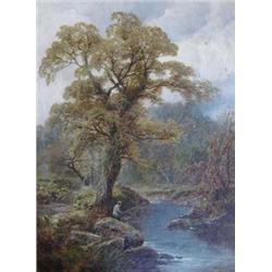 CHARLES L. SHAW (English. 19th Century) "Woodland Stream with Fisherman". Signed Chas. L. Shaw an...