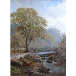 CHARLES L. SHAW (English. 19th Century) "Woman on Bridge Over Woodland Stream". Signed Chas. L. S...