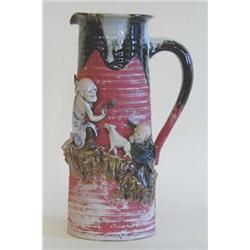 SUMIDA-GAWA POTTERY PITCHER Japanese. Circa 1920. Signed. Partially glazed and decorated in high...
