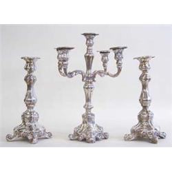 SET OF THREE CONTINENTAL SILVER CANDLE GARNITURE German. 19th Century. (.800 Fine) Comprising: fi...