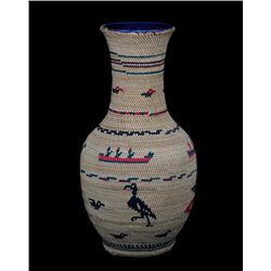 Finely Woven Nuu-chah-nulth Basketry Covered Blue Ceramic Vase with Crane, Eagle, Canoe and Bird Des