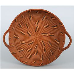 Finely Woven Lillooet Basketry Tray with Handles and Imbricated Design 11 1/4" L. 10" W. 3" H.  Fine