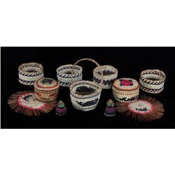 Two Miniature Nuu-chah-nulth Lidded Baskets1 1/2" D., Handled Basket 1 3/4" D., Four Napkin Rings, T