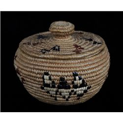 Lillooet Knob Top Basket with Imbricated Butterfly Design 5 3/4" H. 6 1/2" D.  Good Condition
