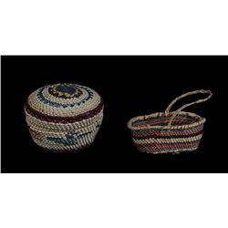 Two Miniature Nuu-chah-nulth Baskets; a Dome Top Basket 2" D. 1 1/2" H. and a Finely Woven Basket wi