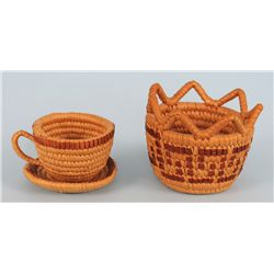 Lillooet Miniature Basketry Cup and Saucer 3" W. 2" H. and a Miniature Basket with Crenulated Rim 3 