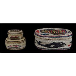 Set of Three Nuu-chah-nulth Lidded Baskets with Eagle, Whale and Canoe Design 5 3/4" L., 3" L. and 2
