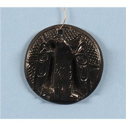 Haida Argillite Pendant Carved with Eagle Holding a Salmon Attributed to Tom Pearson 1 9/16" D.  Goo