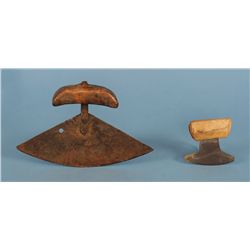 Inuit Wood and Steel Ulu 7 3/4" W. and a Slate and Antler Ulu 3" W.  Both In Good Condition