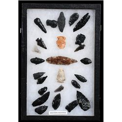 Frame of 25 Arrowheads and Spear Points From Western Montana 1" L. - 3 1/2" L.