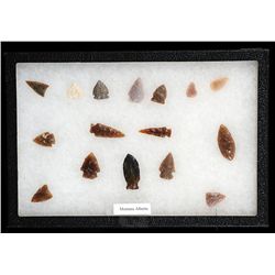Frame of 15 Arrowheads and Spear Points From Alberta and Montana 1" L. - 3 1/2" L.