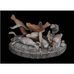 Complex Inuit Under Water Seal Scene Sculpture Made with Marine Ivory 4" W. 2 1/4" H.  Good Conditio