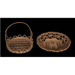 Two Salish Basketry Trays, One with Crenulated Rim 11 1/2" D. the Other with Handle 9" D.  Both in G