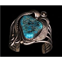 Navajo Silver and Turquoise Nugget Bracelet with Twisted Wire Work 86 GMS 5 1/8" L. 3" W.  Fine Cond