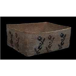 Lillooet Coiled Basket with Floral Design 13 3/4" L. 11 1/2" W. 5" H.  Good Condition with Minor Rim