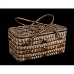 Lidded Salish Basket with Handles 8 3/4" L. 4 3/4" W.  Good Condition