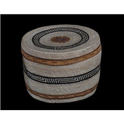 Very Finely Woven Makah Lidded Basket Geometric Design 5" D. 3 1/2" D.  Fine Condition