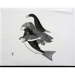 Inuit Stonecut Stencil Print "The Protectress" by Mary Pudlat Cape 41/50 - Dorset 1980  19"x 24"  Go