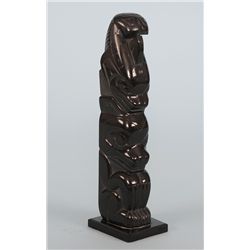 Haida Argillite Totem Carved with Bear and Killer Whale by Denny Dixon '82  6 3/4" H. 1 5/8" W. Base