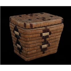 Lidded Salish Basket with Imbricated Design 7" L. 5" W. 6" H.  Good Condition