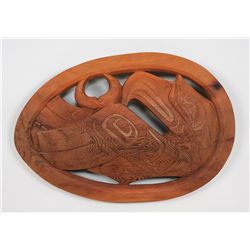 Red Cedar Eagle Egg Carved by Tom LaFortune 28 1/4" L. 18 3/4" W.  Good Condition