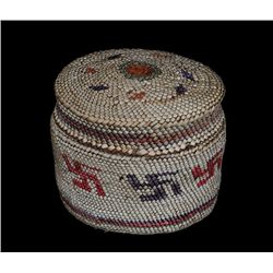 Makah Dome Top Basket with Rolling Log Design 3" D. 2 3/4" H.  Good Condition