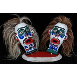 Pair of  Hamatsa Dance Rattles Carved by Barry and Rupert Scow 16 1/2" W. 12" H. Fine Condition