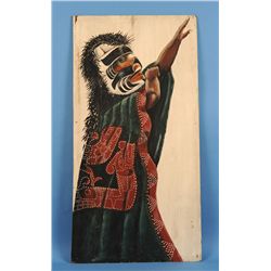 Kwakwaka'wakw Bukwus Panel Painted by Blackie Dick ca. 1960's - Campbell River, B.C.  28 1/2"x 55 1/