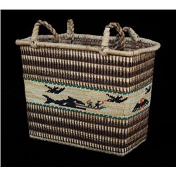 Nuu-chah-nulth Double Woven Carry Basket with Whale Eating Canoe of Whalers Design 12" L. 6" W. 9" H