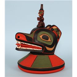 Tom Patterson Nuu-chah-nulth Bear Helmet Carved From One Piece of Wood 15 1/2" H. 13" D.  Good Condi