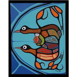 Original Anishinaabe Painting on Canvas "Bird Calling" by Roy Thomas '79 19 3/4"x 25 3/4"  Fine Cond