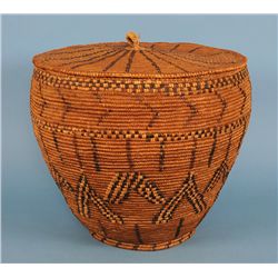Upper Fraser Valley Lidded Storage Basket with Rare Imbricated Design 17" H. 19" D.  Good Condition 