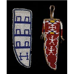 Two Beaded Knife Sheaths; Geometric Design 9" L. 3" W.  Good Condition with Minor Bead Loss and Zoom