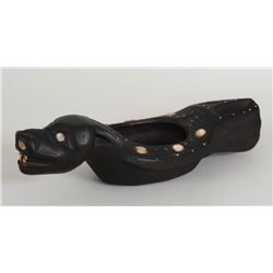 Tlingit Wooden Seal Form Feast Bowl ca. 1890 with Abalone, Operculum and Trade Bead Inlays Carved by