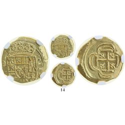 Mexico City, Mexico, cob 2 escudos, (1715J), from the 1715 Fleet, encapsulated NGC AU 58.