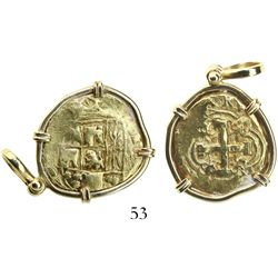 Bogota, Colombia, cob 2 escudos, Philip V, assayer M (1732-44), mounted in 18K pendant-bezel.