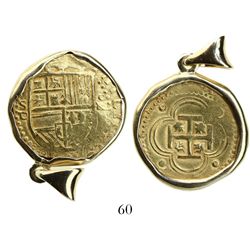Seville, Spain, cob 4 escudos, Philip II, assayer Gothic D below mintmark S to left, contour-mounted
