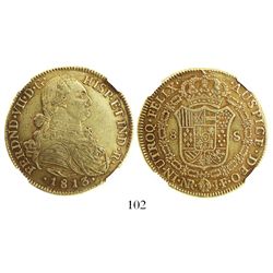 Bogota, Colombia, bust 8 escudos, Ferdinand VII (bust of Charles IV), 1813JF, encapsulated NGC AU 53