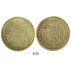 Bogota, Colombia, bust 4 escudos, Ferdinand VII (bust of Charles IV), 1818JF, rare.