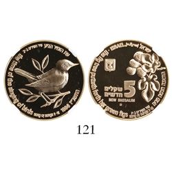 Israel, proof 5 new sheqalim, 1996, nightingale and fig tree, encapsulated NGC PF 70 Ultra Cameo, fi
