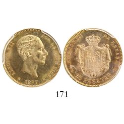 Madrid, Spain, 25 pesetas, Alfonso XII, 1877-DEM, 18-77 inside 6-point stars, encapsulated PCGS MS64