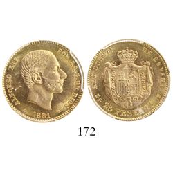 Madrid, Spain, 25 pesetas, Alfonso XII, 1881-MSM, 18-81 inside 6-point stars, encapsulated PCGS MS63
