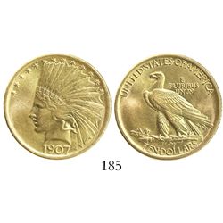 USA (Philadelphia mint), $10 Indian head, 1907, rolled edge, no periods.