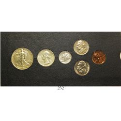 USA (Philadelphia mint), 1942 six-coin Proof set of 50c, 25c, 10c, 5c (two) and 1c, in original card