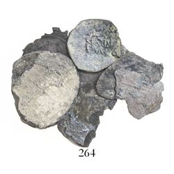 Lot of 7 fragments, all but one Mexican silver coins of Charles-Joanna but the last item some kind o