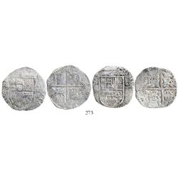 Lot of 2 Seville, Spain, cob 4 reales, Philip II, assayer Gothic D at 4 o'clock outside tressure aro