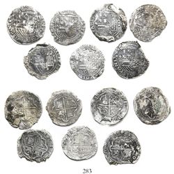 Lot of 7 Lima, Peru, cob 4 reales, Philip II, assayer Diego de la Torre, various varieties.