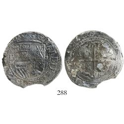 Potosi, Bolivia, cob 4 reales, Philip II, assayer M to left, rare.