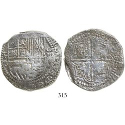 Potosi, Bolivia, cob 8 reales, Philip II, assayer B (3rd period), Grade 2.
