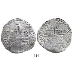 Potosi, Bolivia, cob 8 reales, Philip III, assayer R (curved-leg), Grade-1 quality (but no Grade on 